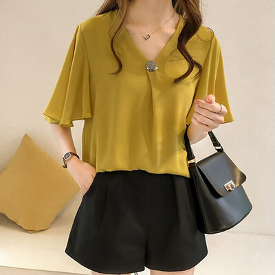 

Hot Sale New Loose Casual V-neck Butterfly Sleeve Half-sleeved Chiffon Shirt Fashion Sweet Solid Color Womens Plus Size Blouse