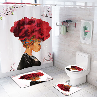 

〖Follure〗African Explosion Head Woman Waterproof Shower Curtain Bathroom Mat Four-piece