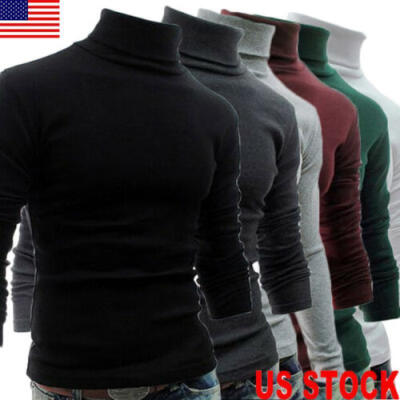 

US STOCK MENS ROLL NECK LONG SLEEVE COTTON TOP HIGH & TURTLE NECK BASIC T SHIRTS