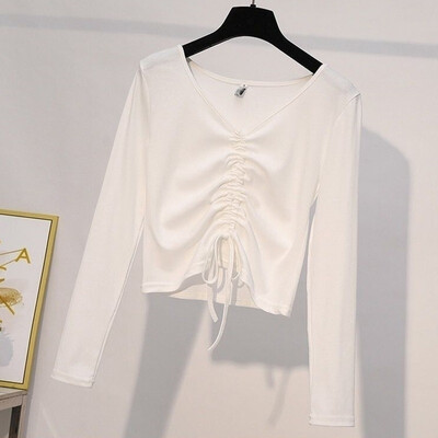 

Casual Slim T-Shirt Women Lace Up T-shirt O-Neck Long Sleeve Female Fashion Tee Tops