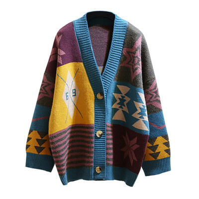 

Women Autumn Knitted Cardigan Vintage Loose Colorful Sweaters Winter Warm Jacket Punk Pull Femme