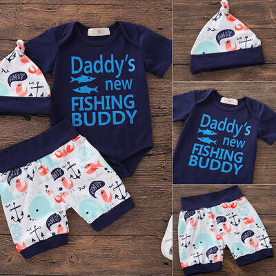 

Newborn Infant Baby Boys Tops Romper Bodysuit Pants Hat Outfits Set Clothes 3PCS