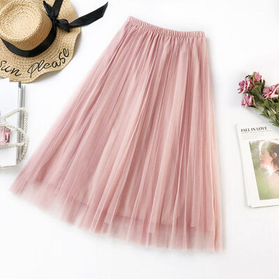 

Women Elastic High Waist Pleated Casual Skirts Solid Color Mesh Pettiskirt Wild A Word Long Paragraph Skirt Korean Version