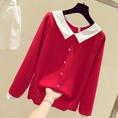 

Womens Korean Shirt Top Peter Pan Collar Long Sleeve Solid Color Pullover Loose Foreign Chiffon Shirt