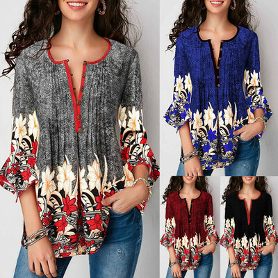 

Women V Neck Peasant Tops Blouses Pleated T-Shirts Summer 34 Sleeve Tunic Shirt