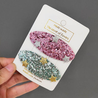 

2Pcs Set Childrens Oval Sequined Five-pointed Star Hairpin Rose Red Navy Kids Girls Hairpin Hair Accessories