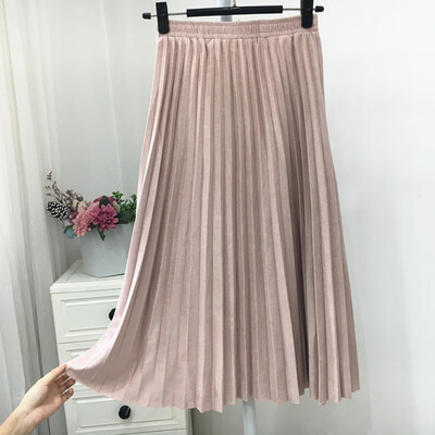 

Autumn Winter Women Pleated Skirt Elastic High Waist Long Skirts Casual Vintage A-line Suede Party Skirt Ladies Black Pink