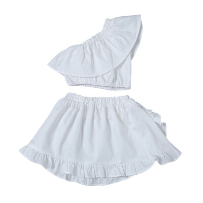 

Baby summer princess girl clothes set pure white ruffled off-shoulder top white ruffled skirt