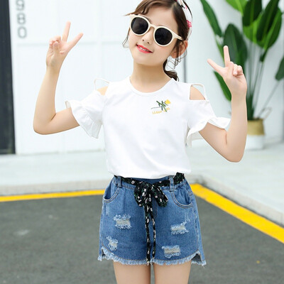 

New Summer Baby Girls Casual Fashion Short Sleeve Floral Print T-shirt TopsDenim Shorts Suits Costume Set