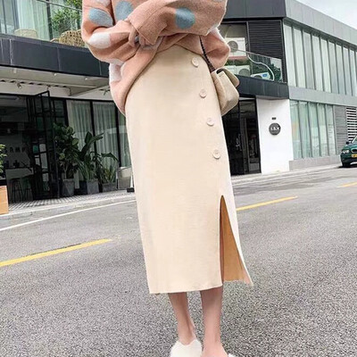 

Spring Autumn Knitted Hip Skirt Split Slim Solid Color High Waist Mid-calf Female Korean Style Preppy Skirts