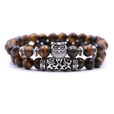 

18 Colors 2PcsSet Owl Lava Stone Bracelet Set Tiger Eye Stone Charm Bracelets Bangles