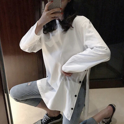 

Women Solid Slim T-Shirt Autumn Long Sleece Female Irregular Split Tee Shirt Solid Color Streetwear Tee Shirt Casual Tops