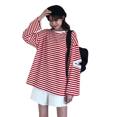 

Women Hollow Stripes Wild T-Shirt Loose Round Collar Summer Print Loose Long Sleeve Casual Simple T-Shirt