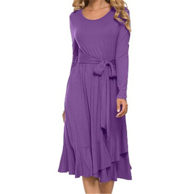 

Long Sleeve Flowy Modest Midi Work Casual Dress With Belt