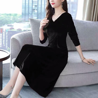 

Autumn Winter New Elegant Temperament Solid Color Dress Fashion Trend V-neck Long-sleeved Women Knee-length Dress