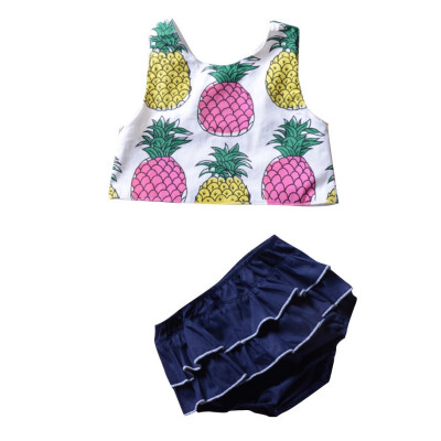 

Toddler Baby Set Girls Pineapple Printed Tank Top With Layered Lace Shorts 2 Pieces Set Summer Style Navy Blue