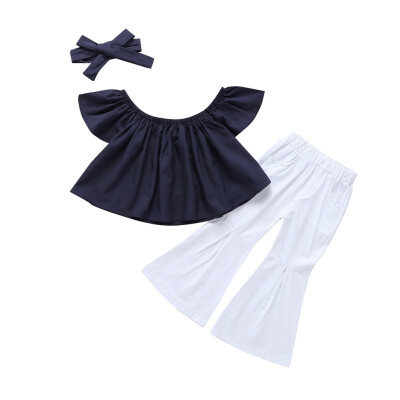 

Babys Clothing Sets Three Piece Short Sleeve Pants Hair Band Girls Cotton Solid Color T-Shirt Flared Trousers