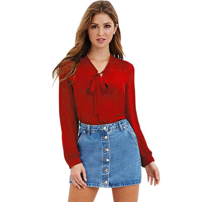 

Fashion Casual Vogue Autumn Women Blouses Shirts Chiffon Full Sleeve Bow Solid Color V-Neck Blouse S4