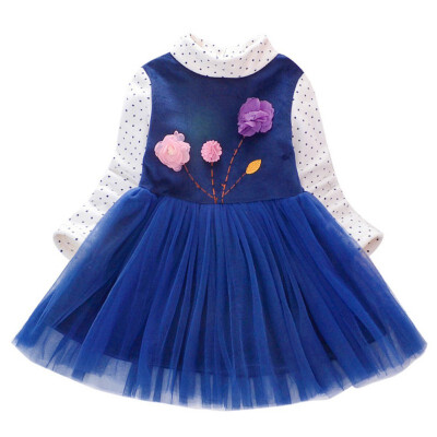 

Autumn Kids Dresses For Girls 1Y-7Y Cute Mesh Stitching Flower Embroidery Princess Long-Sleeved Sweet Dress 4Colors Prom Dress