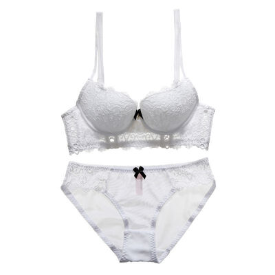 

Women Bra Sexy Lingerie Solid Color Lace Bow Openwork Flanking Gathering Half Cup Bra Panties Set