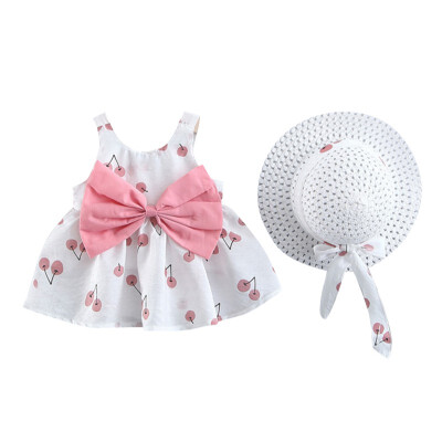 

Cute Girls Dress Cotton Cute Breathable Fruit Print Bow Sleeveless Sweet Princess Sling DressHat