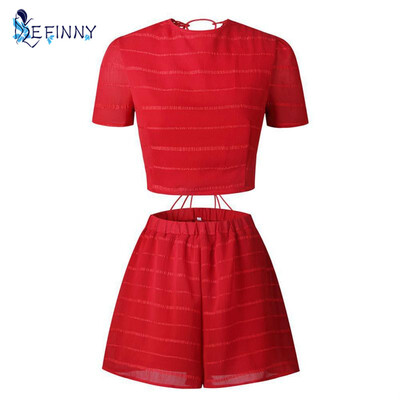 

Sexy Summer Women Set Soild Colors Red Black Behind the bandage Short Sleeve Short Tops Short Pants Female Set