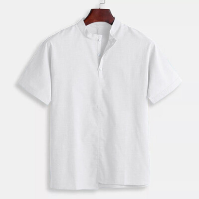 

Toponeto Mens Baggy Cotton Linen Solid Stand Collar Short Sleeve T Shirts Tops Blouses