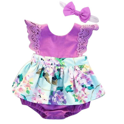 

spliced design baby Printed Floral sleeveless PP short pants jumpsuit Rompers Bowknot Head Band newborn girls 0-24M