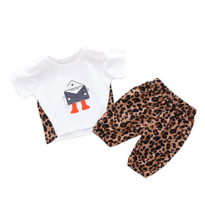 

Baby Girls Clothes Cartoon Robot Print Tops T-shirtLeopard Pants For Girls Children Casual Outfits Sets