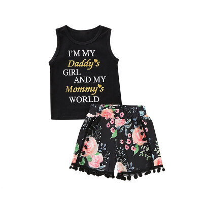 

Baby Girls Casual Sleeveless Letters Summer Print Tops Vest With Flower Shorts Outfits Set