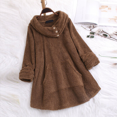 

Tailored Women Fleece Button Neck Long Sleeve Plus Size Pocket Top Sweater Blouse
