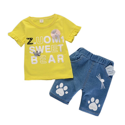 

Summer Baby Girls Short Sleeve Floral Letter Print T-shirt TopsCat Paws Denim Shorts Suits Casual Outfits Sets