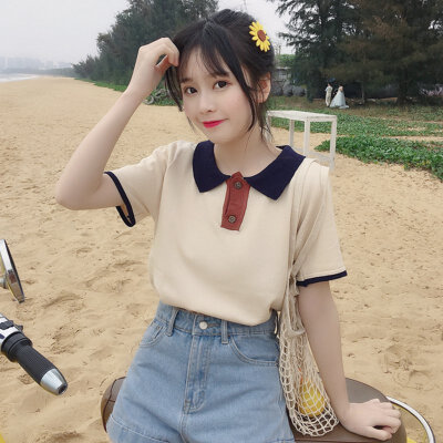 

Sweet Vintage Casual All Match Turn Down Collar Basic Loose Oversize Short Sleeve Female Women Polo Shirts