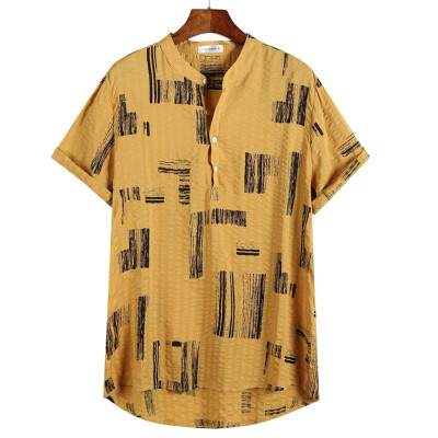 

Toponeto Mens Cotton Linen Printed Stand Collar Short Sleeve Loose Henley Shirts