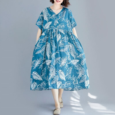 

Natioanl Women Dress Multicolor Floral Leaves Stripes Geometric Print V Neckline Half Sleeve High Waist Loose One-Piece