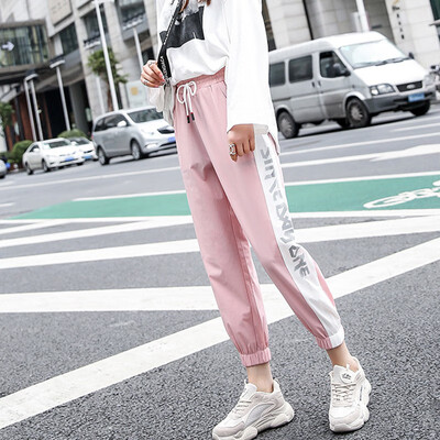 

Loose Casual Stitching Design Thin Ankle-length Pants Simple Sport Style Women Straight Pants High Waist Patchwork Pockets