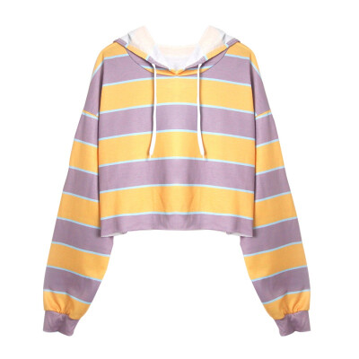 

Women Striped Patchwork Crop Top Hoodies Sweatshirts Autumn Casual Long Sleeve Hoodie Pullover Female Fashion Short Sweatshirt