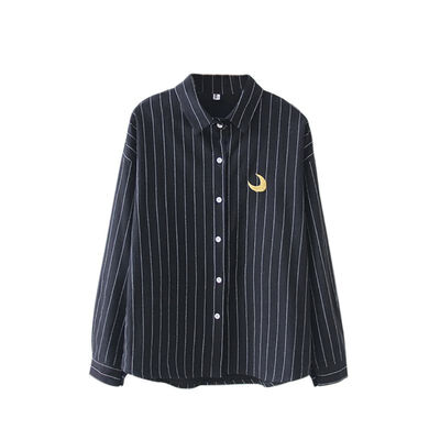 

EFINNY Women Embroidery Shirt Striped Cotton School Blouses Office Ladies Tops Female Blusas Plus Size Loose Work Shirt Autumn