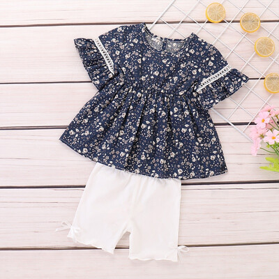 

New Summer Children Baby Girls Casual Floral Pattern Flare Sleeve Tops VestShorts Suits Costume Set