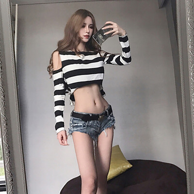 

Sexy Short Sweater Women Irregular Stripes Print Slim Long-Sleeved Round Collar Slim Bottom Cropped Off-the-shoulders Jumpers
