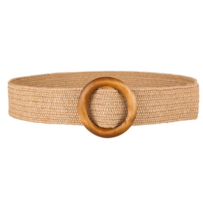 

Round Wooden Buckle Dress Belt Women Braided Retro Wide Waist Belt Woven Elastic PP Straw Belts