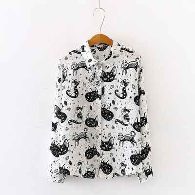 

Women Shirt Cat Pattern Printed Personality Tops&Blouses Fashion Office Lady Long Sleeve Shirt White Black