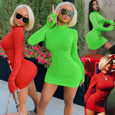 

Womens Long Sleeve Plaid High Neck Bodycon Clubwear Party Club Short Mini Dress