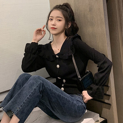 

Women Casual Solid Color Doll Collar Vintage Long Sleeve Loose Cardigan Warm Long Knit sweater