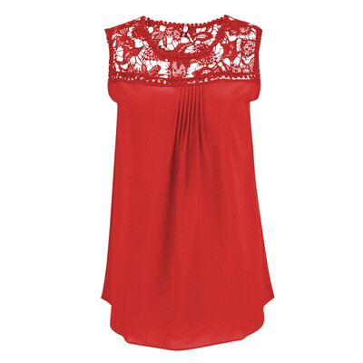 

Chiffon Shirt Women Loose Lace Patchwork Hollow Out Tops Solid Sleeveless Blouse Female O-Neck Summer Shirt  Plus Size