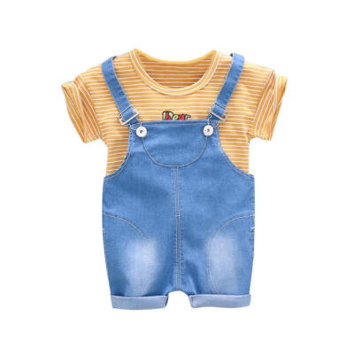 

Summer Baby Boys Girl Short Sleeve Stripe Print Tops T-ShirtsStrap Short Pant Casual Outfits Sets 6M-4T