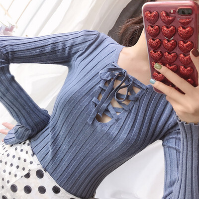 

Sweet Drawstring Tops Bow Tie Women Sweater Tops Spring Autumn Knitwear Solid Color Sexy V Neck Loose Long Sleeve Sweater