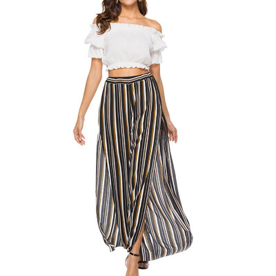 

Women Elastic High Waist Wide Leg Pants Autumn Side Split Striped Pants Fashion Beach Style Chiffon Trousers Hot Sale