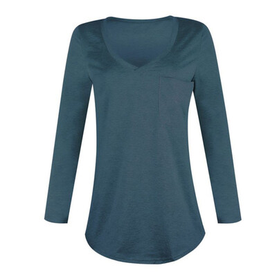 

Sexy Women Solid Color Deep V Long Sleeve Top Front Pocket Loose Tunic T-shirt
