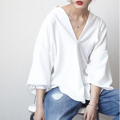 

New Spring Summer V-neck Solid Loose Casual Shirts Women 2017 Long Puff Sleeve Blouse Black White Womens Tops&Blouses W13